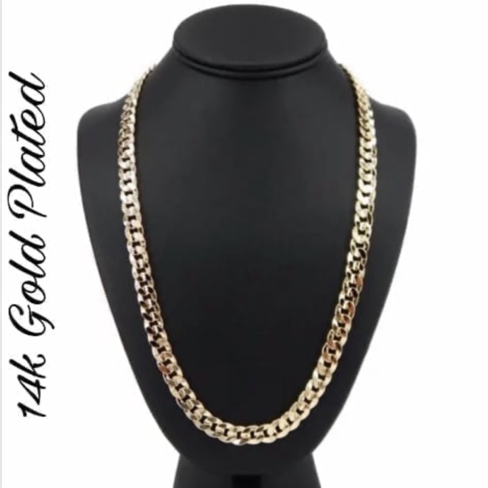14K Gold Plated Concave Cuban Link Chain Necklace 9.5 mm